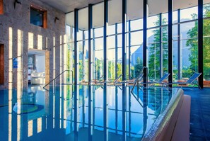 Indoor pool, outdoor pool, pool loungers