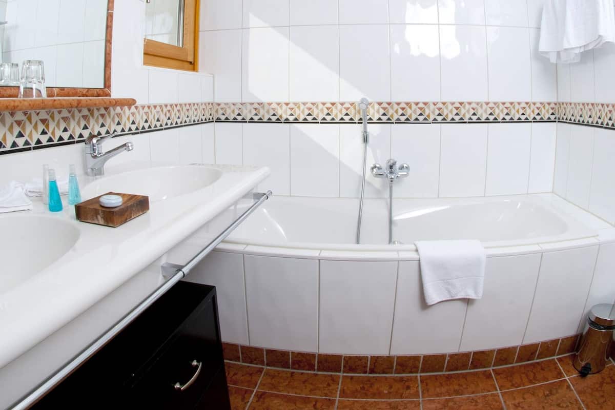 combined shower/bathtub, free toiletries, hair dryer, bathrobes