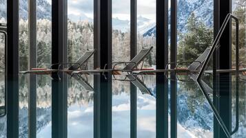 Indoor pool, outdoor pool, pool loungers