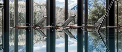 Indoor pool, outdoor pool, sun loungers