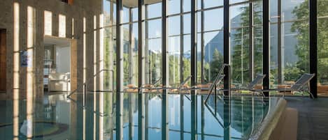 Indoor pool, outdoor pool, sun loungers