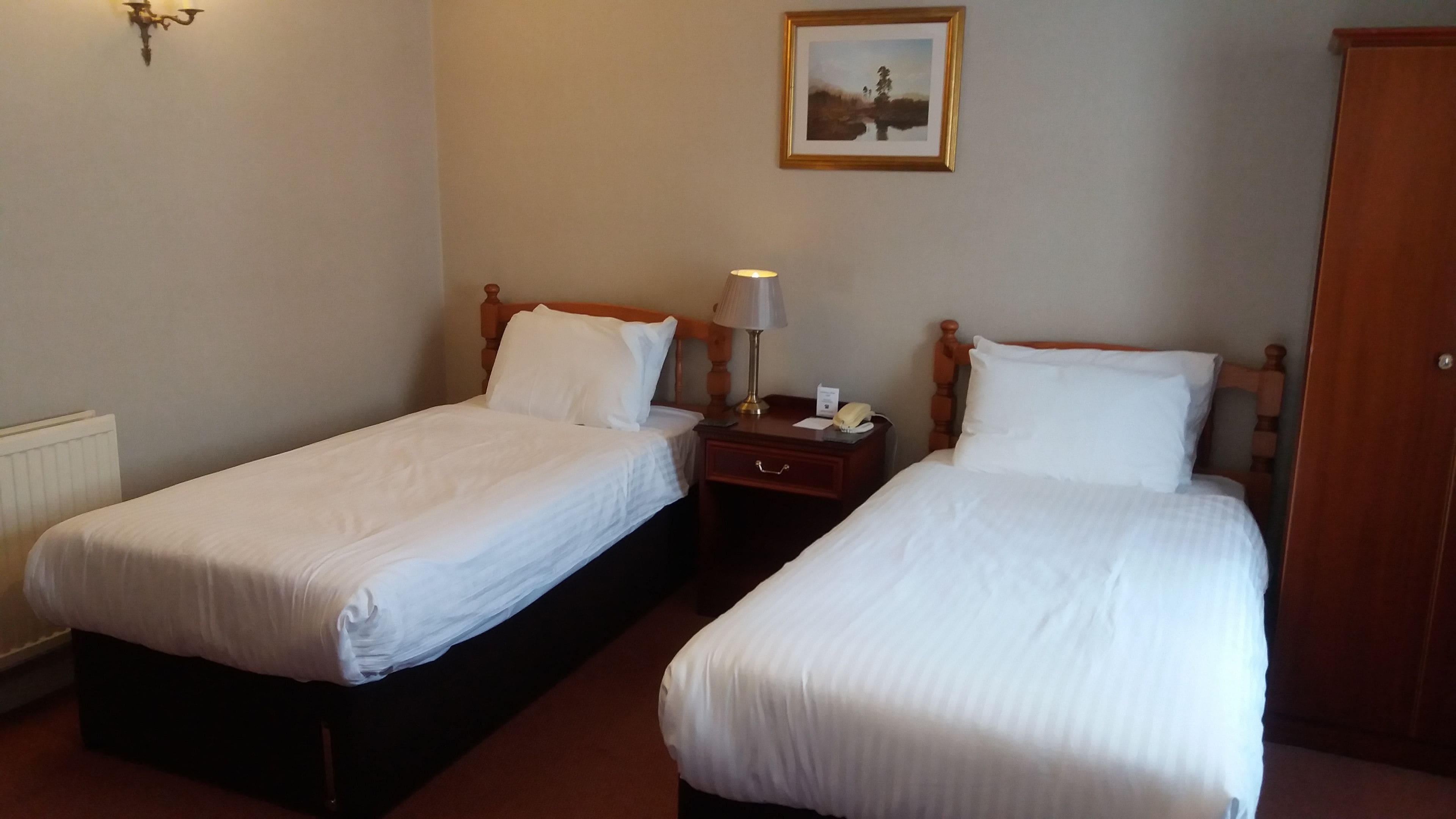 Two single beds with wooden headboards, a bedside table with a lamp, a framed picture on the wall, and a wardrobe.
