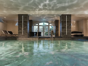 Indoor pool, outdoor pool, pool loungers