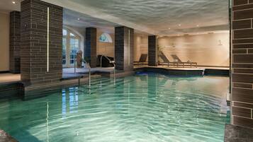 Indoor pool, outdoor pool, sun loungers