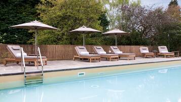 Indoor pool, outdoor pool, pool loungers