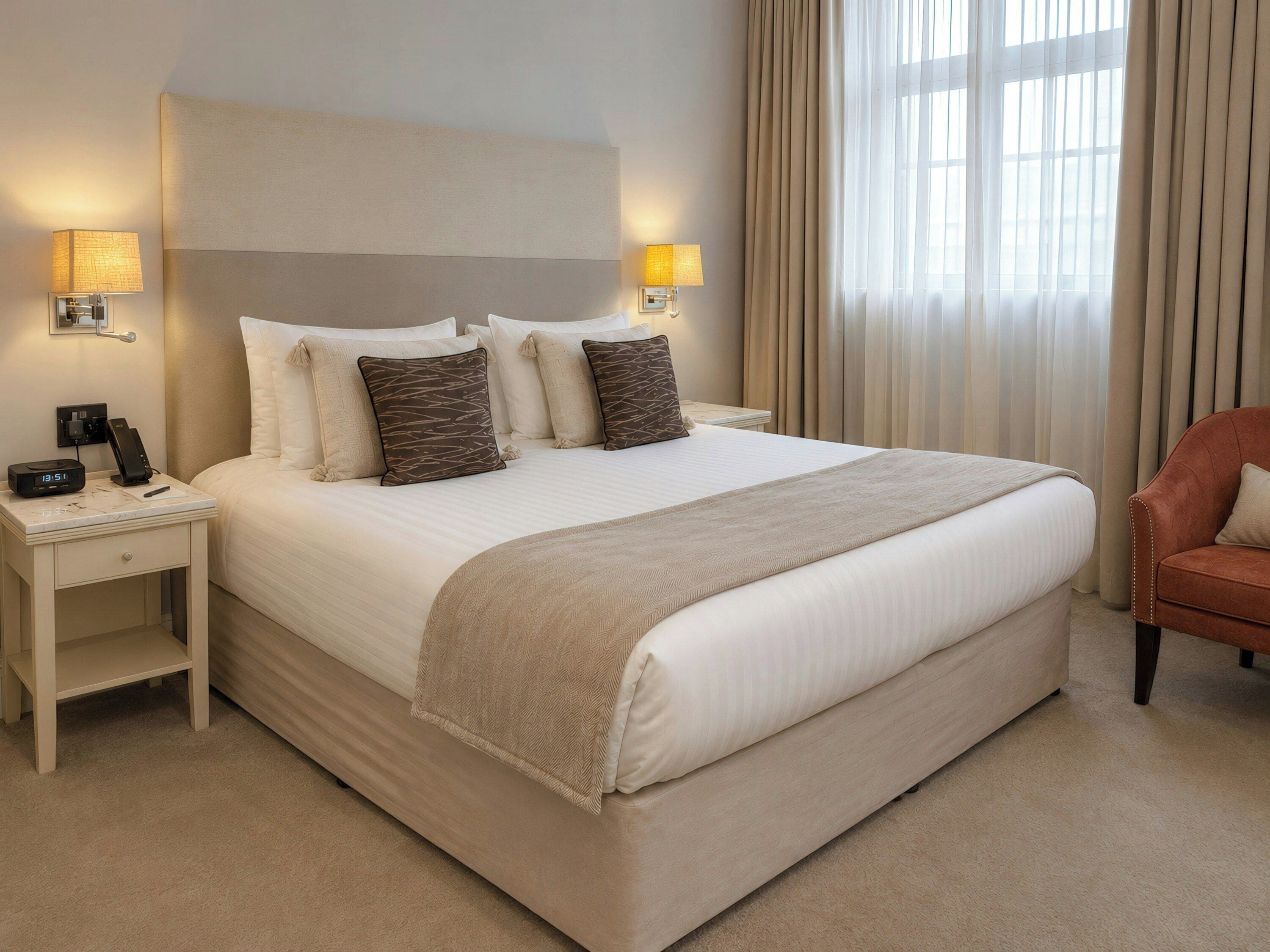 Quarto de hotel com uma cama grande, abajures, telefone e uma cadeira.