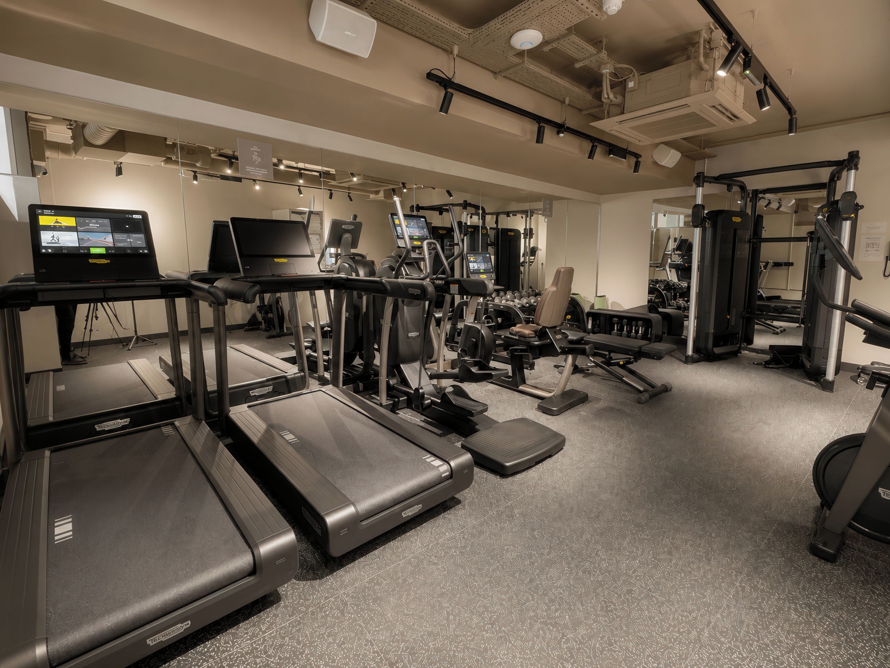 A gym with treadmills, weight machines, and exercise equipment.