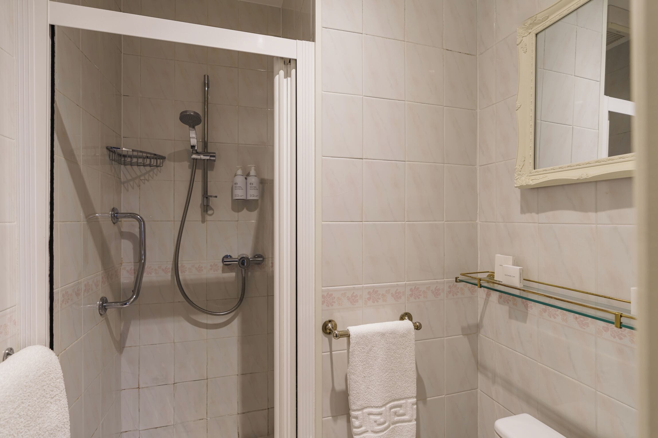 A bathroom with a shower, toilet, and a glass shelf with toiletries.