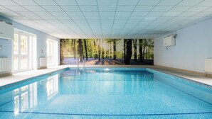 A swimming pool with a tiled floor and walls, surrounded by windows and a mural of a forest scene. - Forest Lodge (Lyndhurst)