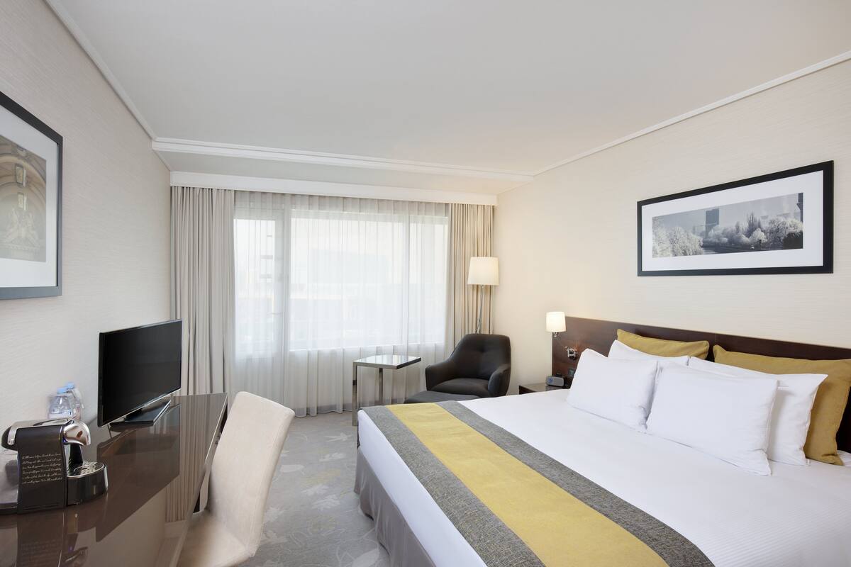 Ein Hotelzimmer mit einem Bett, einem Schreibtisch mit Fernseher, einem Sessel, einer Lampe und einem gerahmten Bild an der Wand.