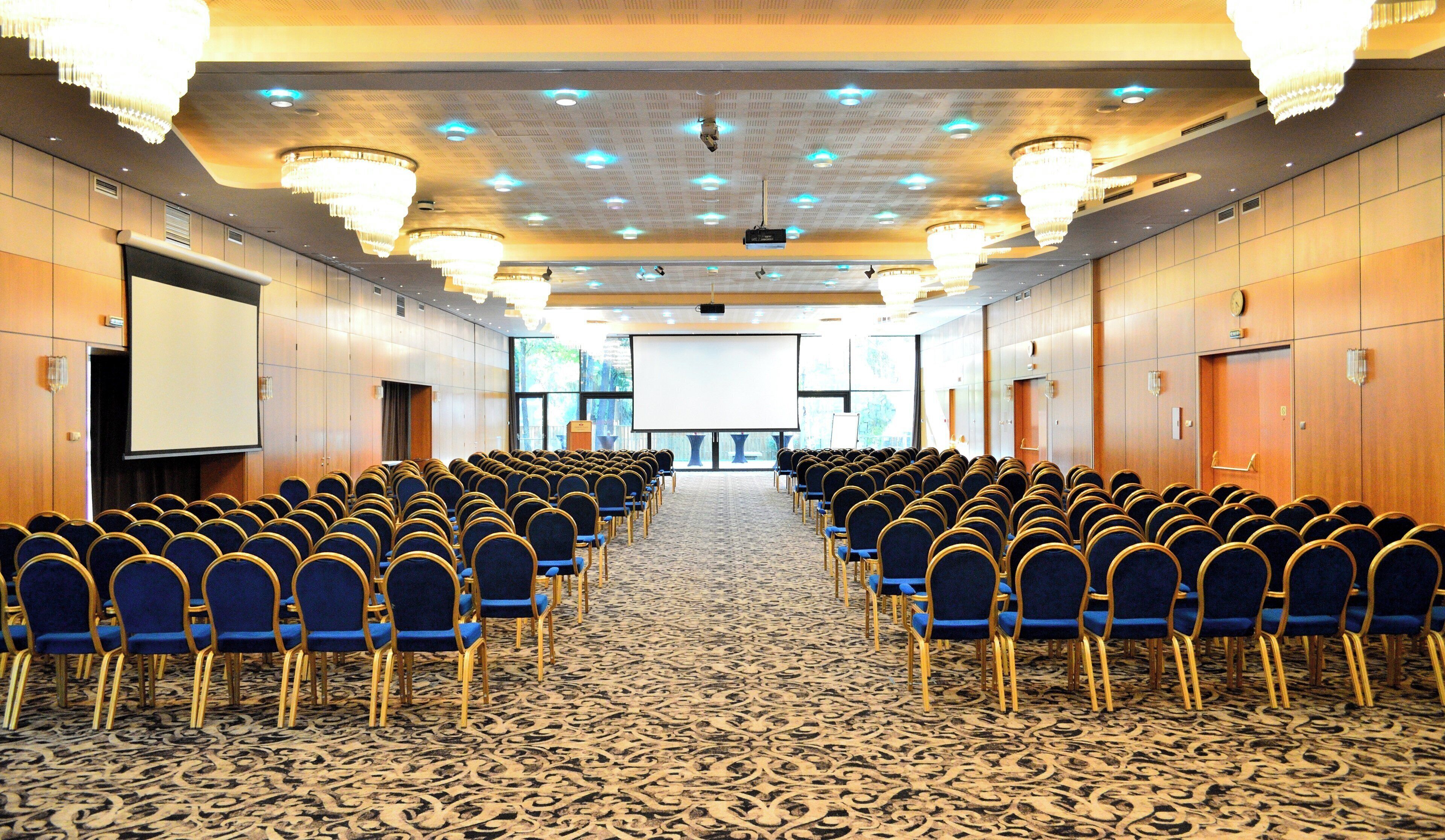 A conference room with rows of chairs, a large screen, and a carpeted floor.