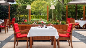 An outdoor dining area with wooden tables and chairs, surrounded by greenery and potted plants. - Crowne Plaza Bucharest by IHG (Bucharest)