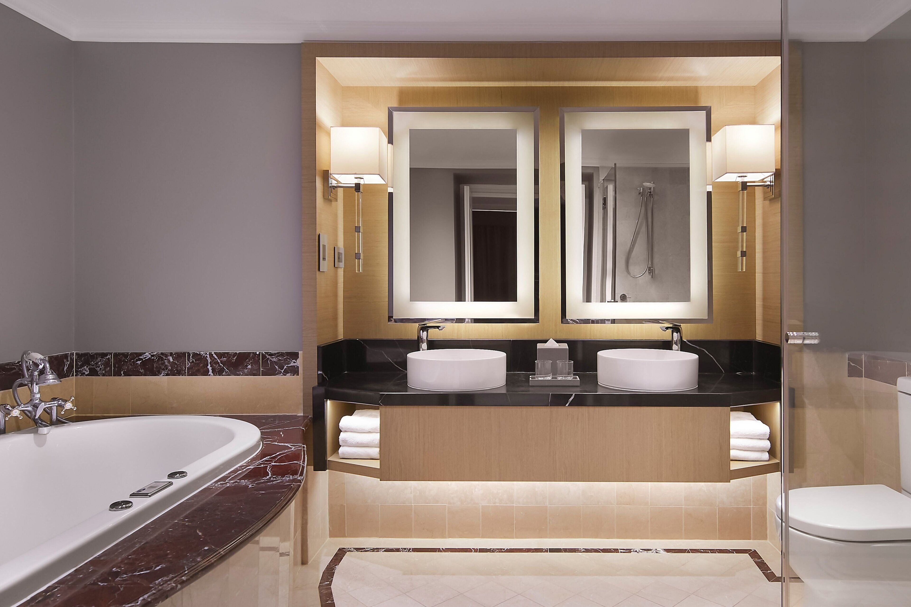 separate bathtub and shower, free toiletries, hair dryer, bathrobes