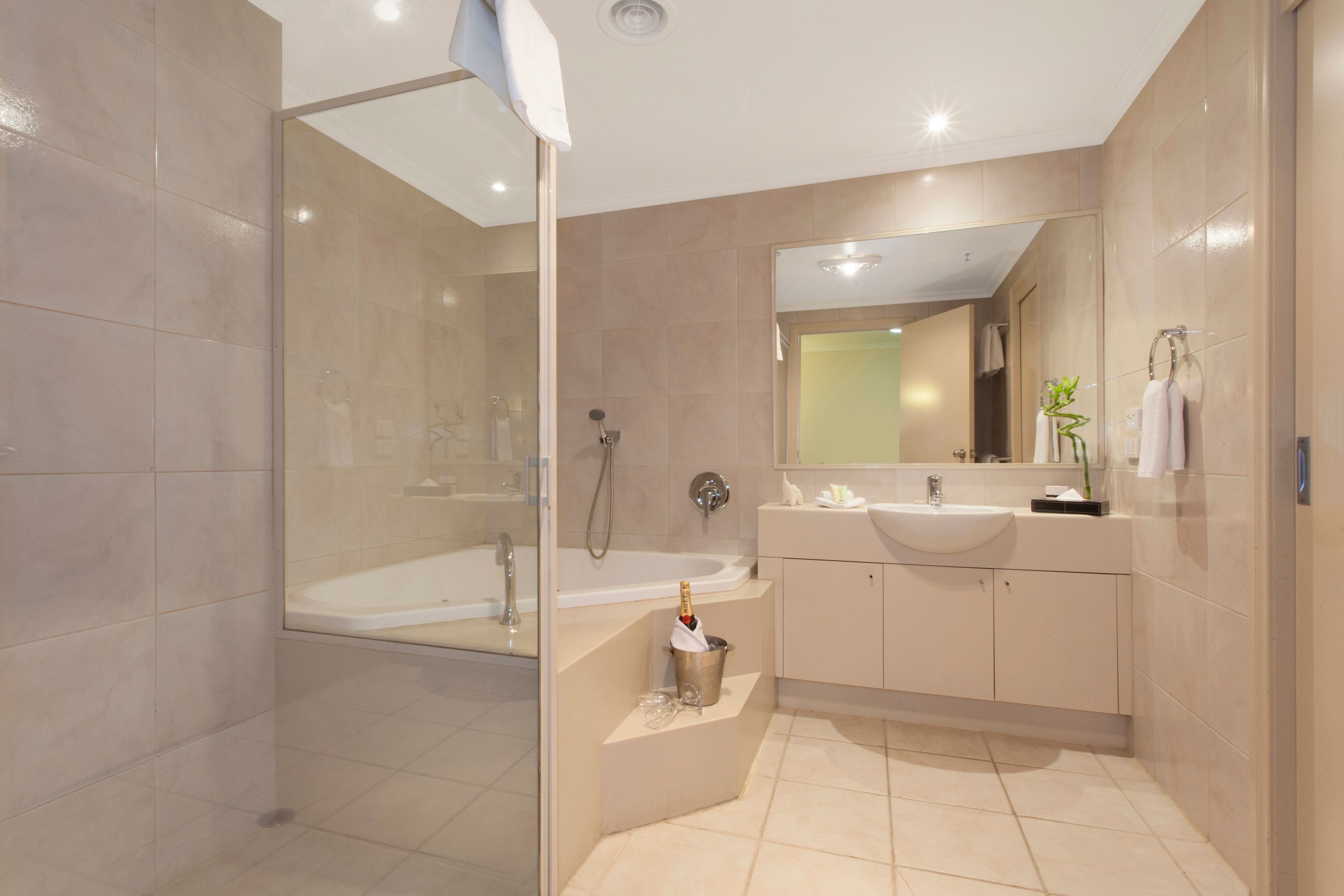 one bedroom spa apartment | bathroom | shower, free toiletries, hair dryer, towels