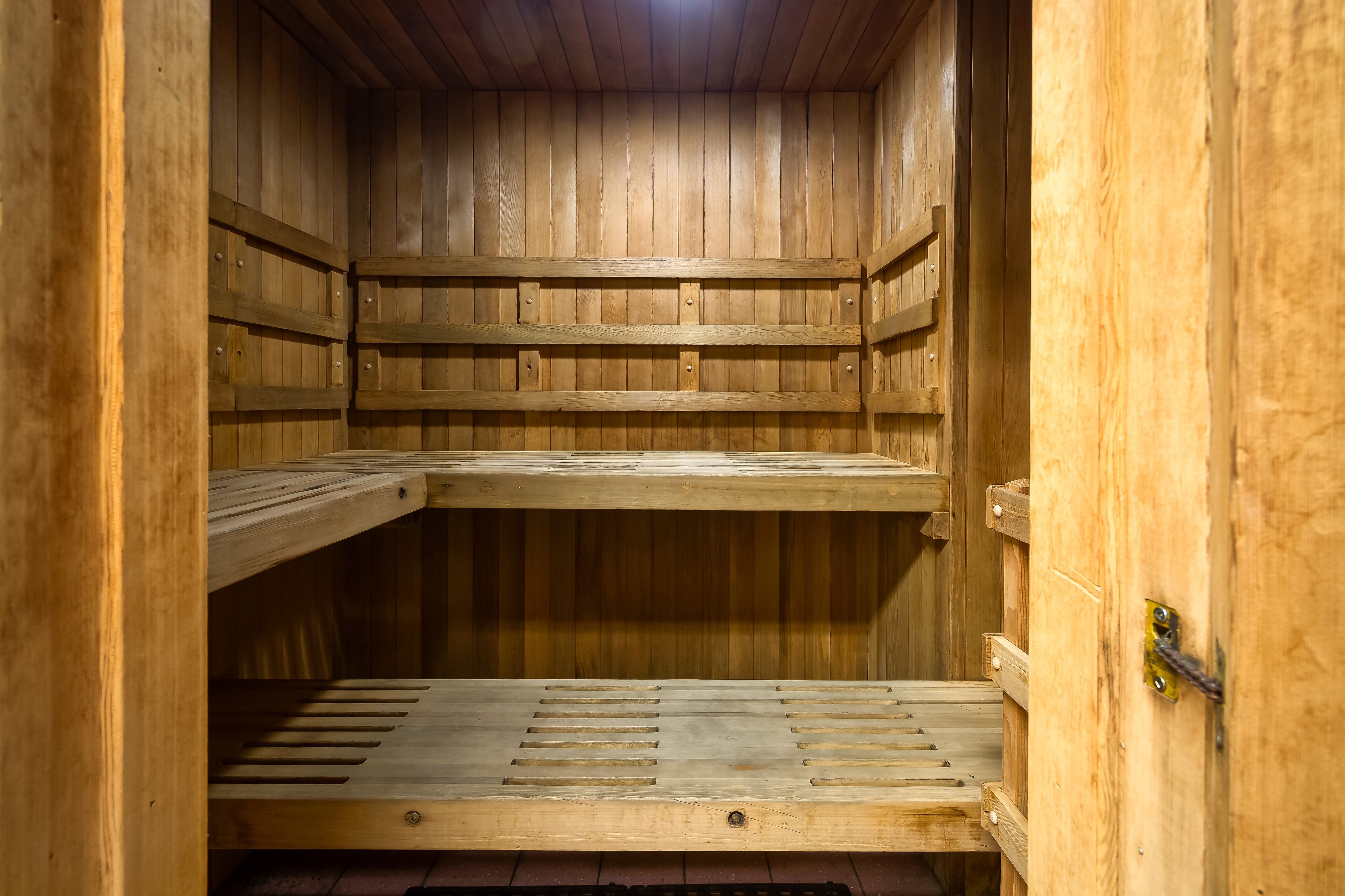 A wooden sauna with multiple benches and a door.