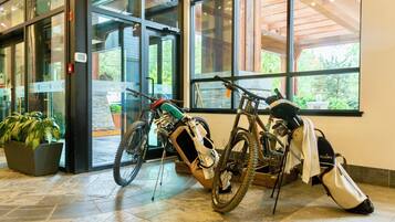 A building entrance with glass doors, a bicycle, and a potted plant.