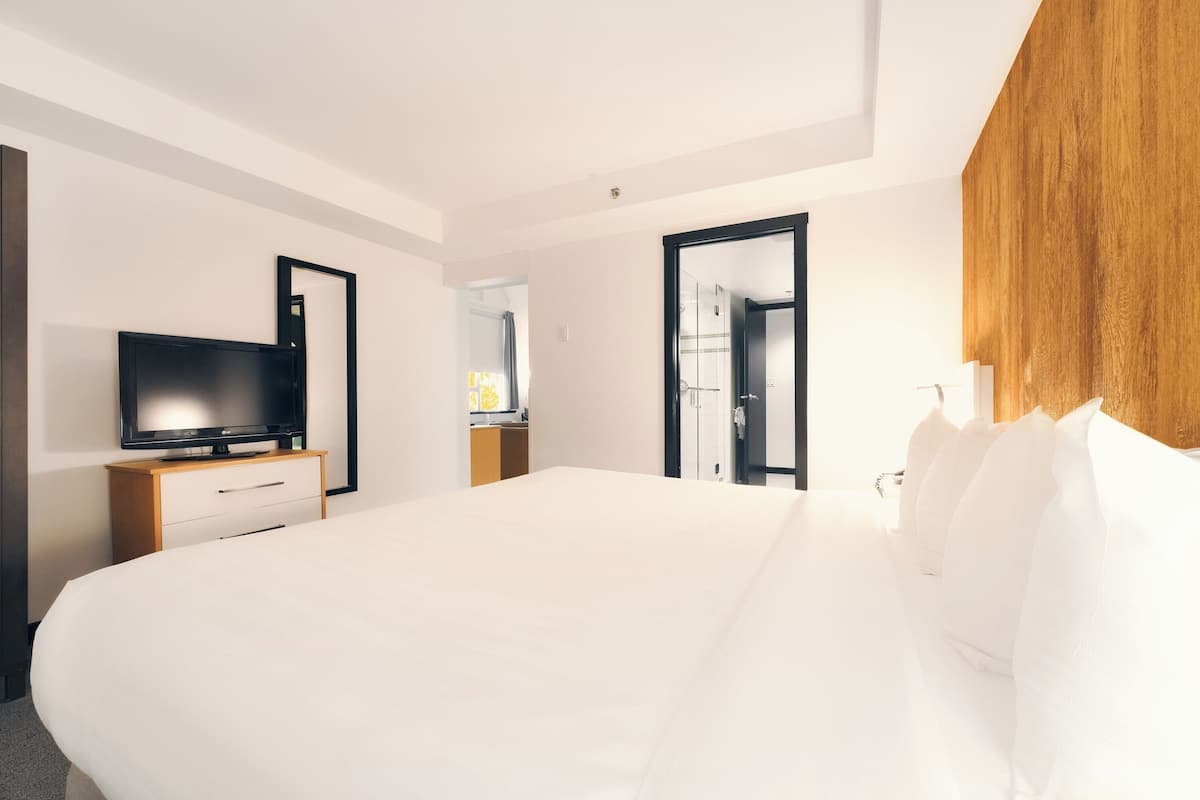 Una habitación de hotel moderna con una cama grande, un televisor de pantalla plana sobre una mesita de noche de madera y una pared de acento de madera.