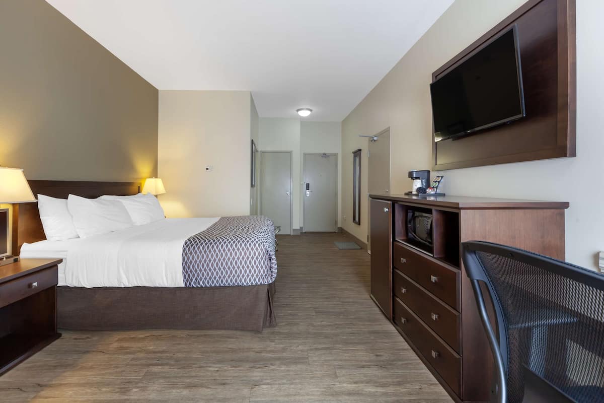 Habitación de hotel con cama, mesitas de noche, televisor montado en la pared, escritorio con silla y armario.