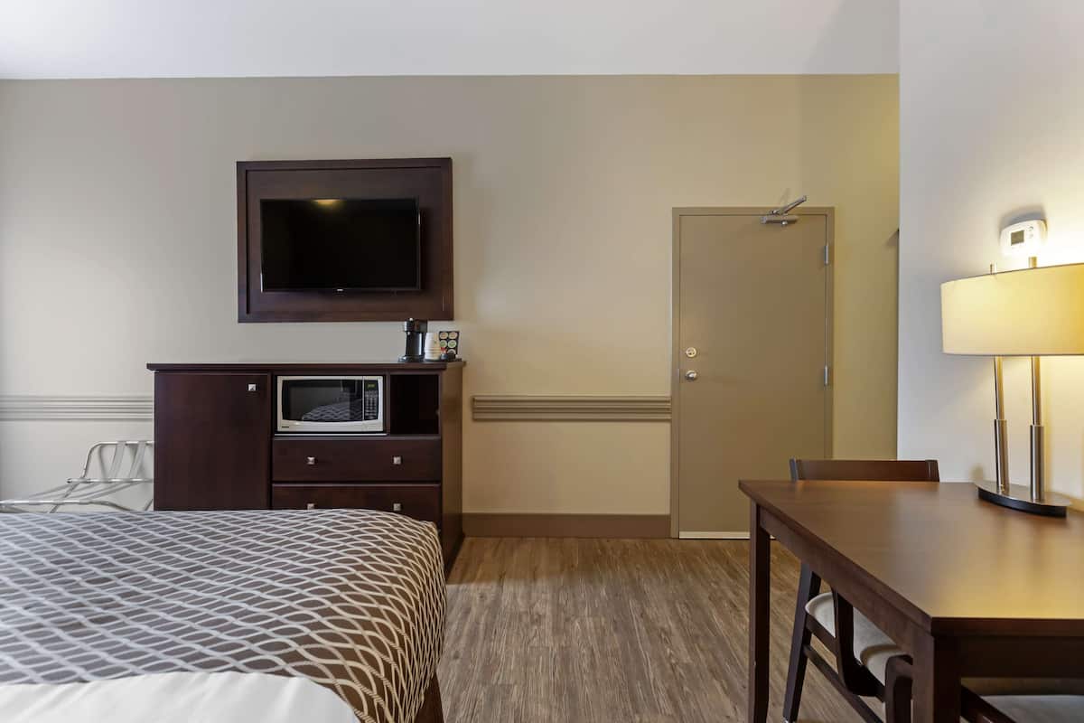 Una habitación de hotel con cama, escritorio, televisor, microondas y puerta.