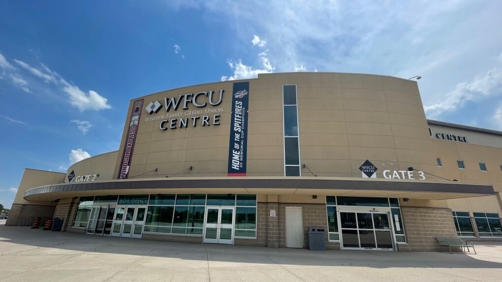 A building with the signage "Windsor Family Credit Union Centre" and "Home of the Spitfires" on its facade.