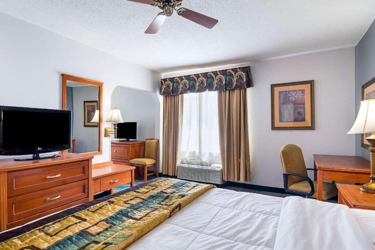 A hotel room with a bed, a television, a desk, a chair, a ceiling fan, and a window with curtains.