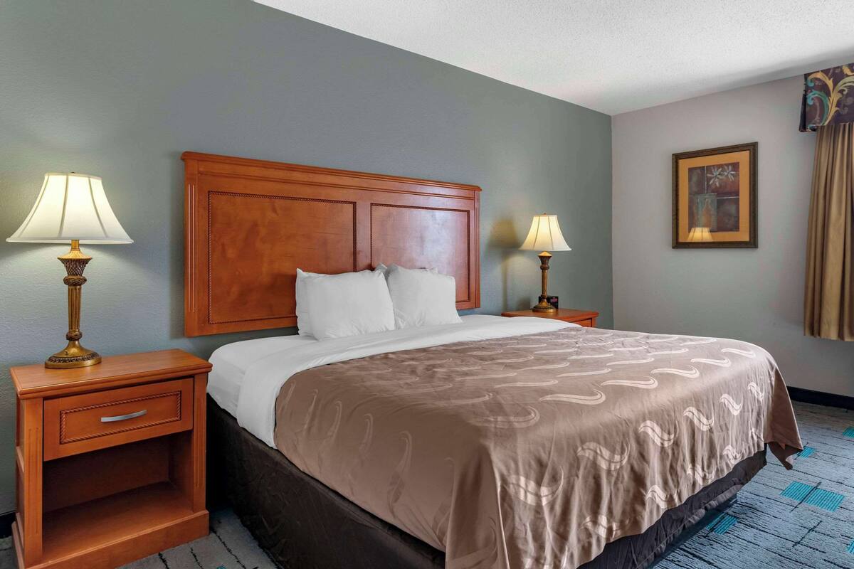 A hotel room with a large bed, two bedside tables with lamps, a headboard, a framed picture on the wall, and a patterned carpet.