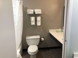 Combined shower/bathtub, free toiletries, hair dryer, towels