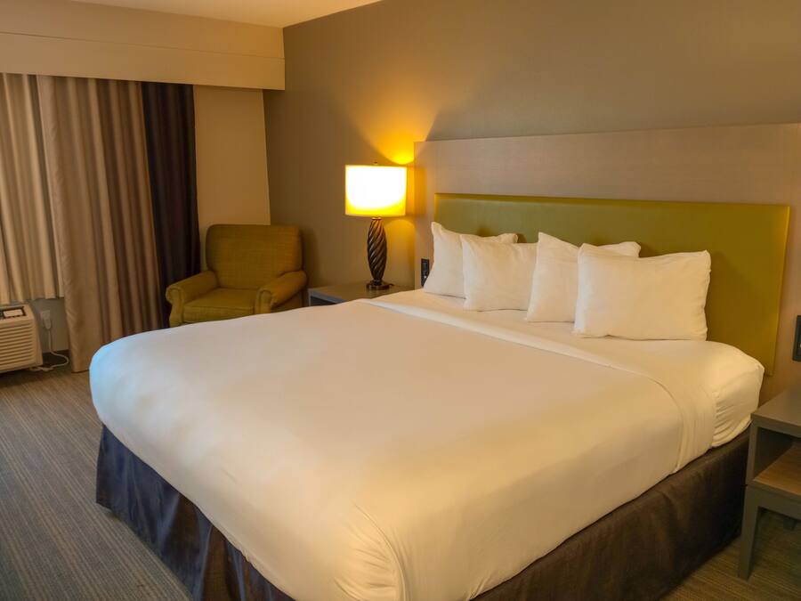 A hotel room with a large bed, a nightstand, a lamp, a chair, and a wall-mounted air conditioner.