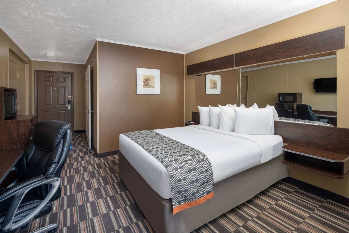 A hotel room with a bed, a desk, a chair, a television, and a mirror.