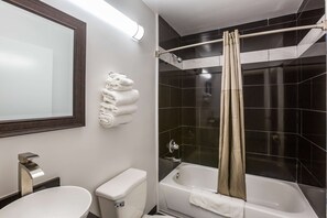 Combined shower/bathtub, free toiletries, hair dryer, towels