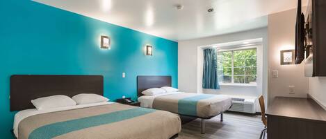 Desk, laptop workspace, blackout curtains, iron/ironing board