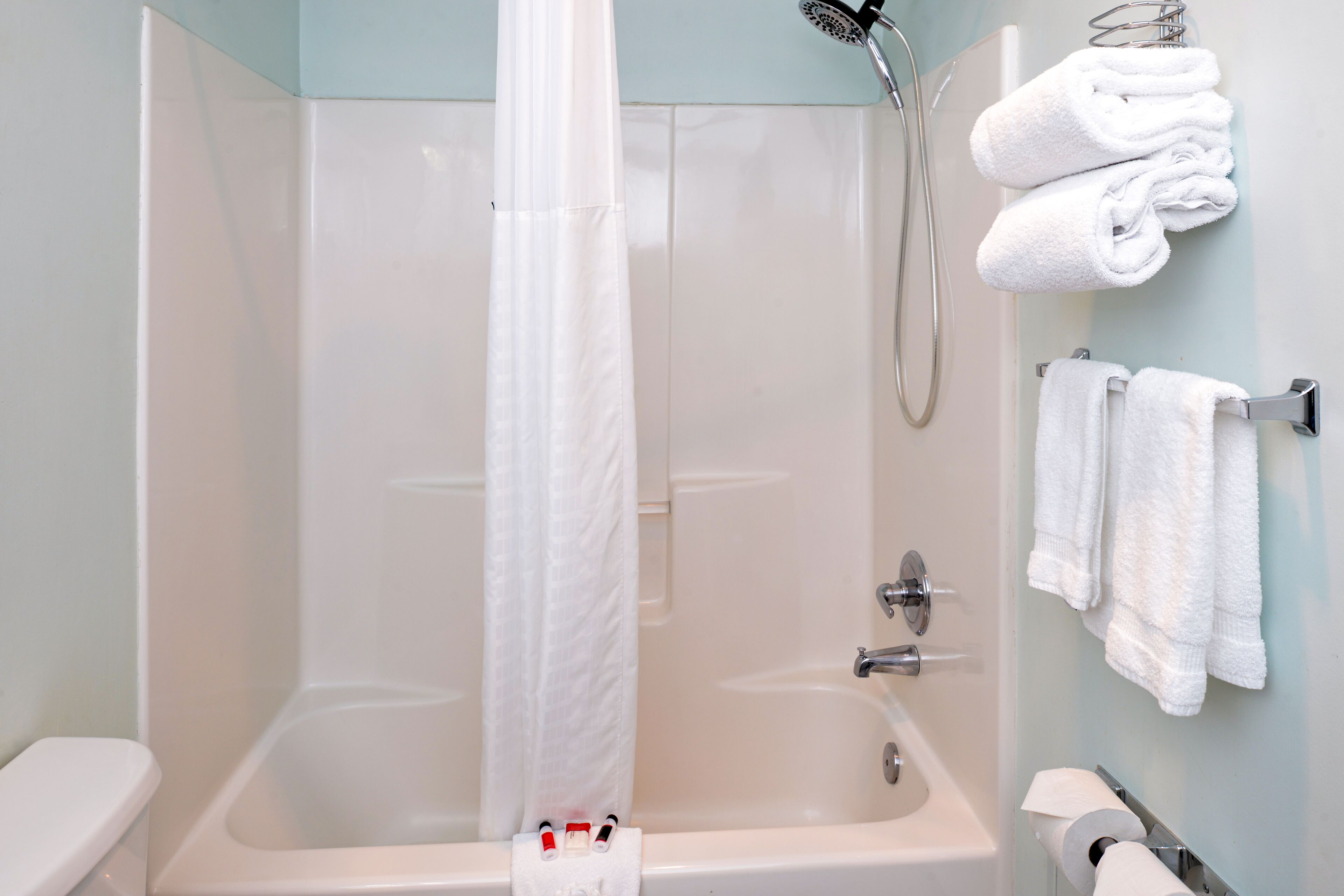 A modern bathroom with a bathtub, shower, and toilet.