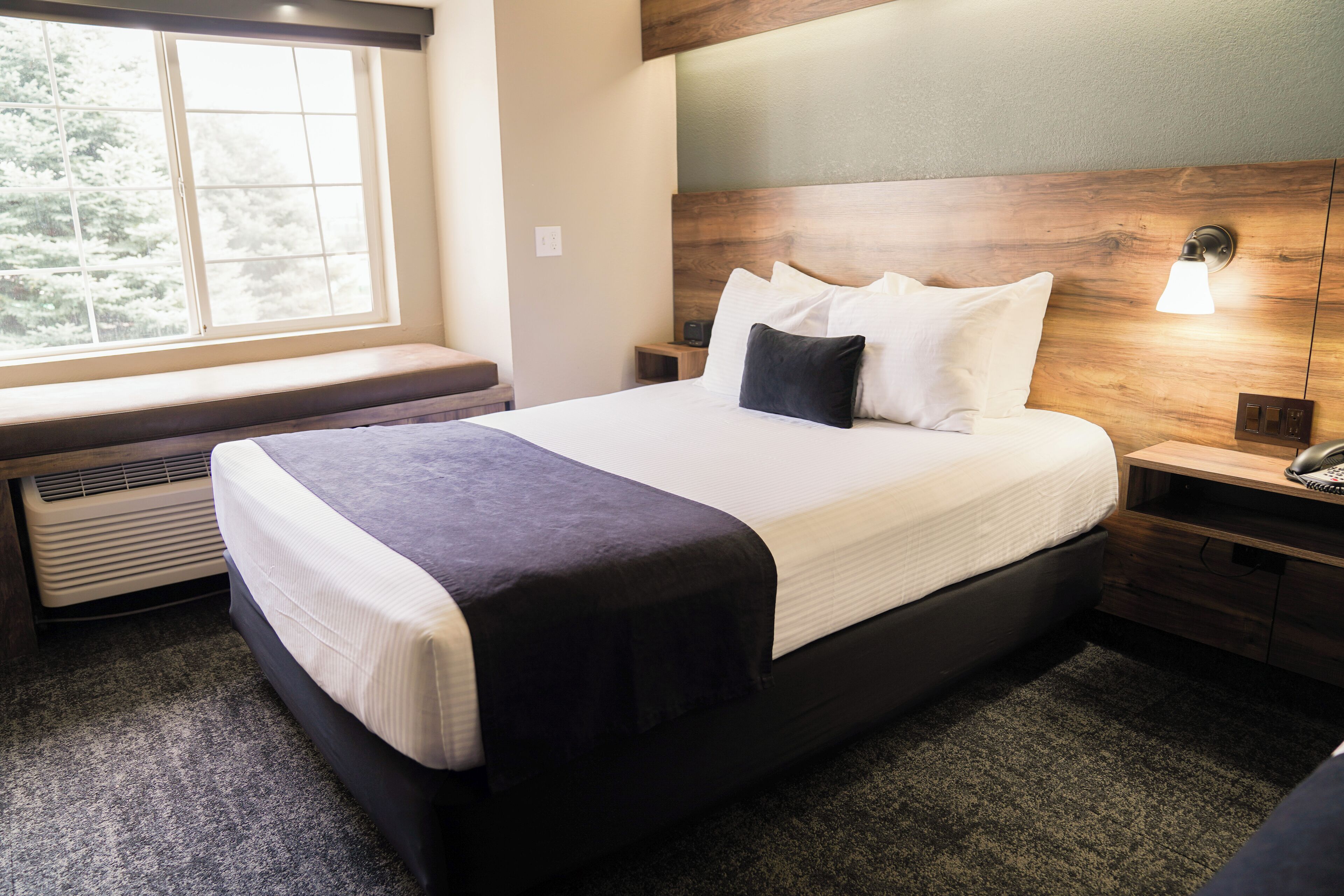 A neatly made bed with a headboard, a bedside table with a lamp, and a window with a view of trees.