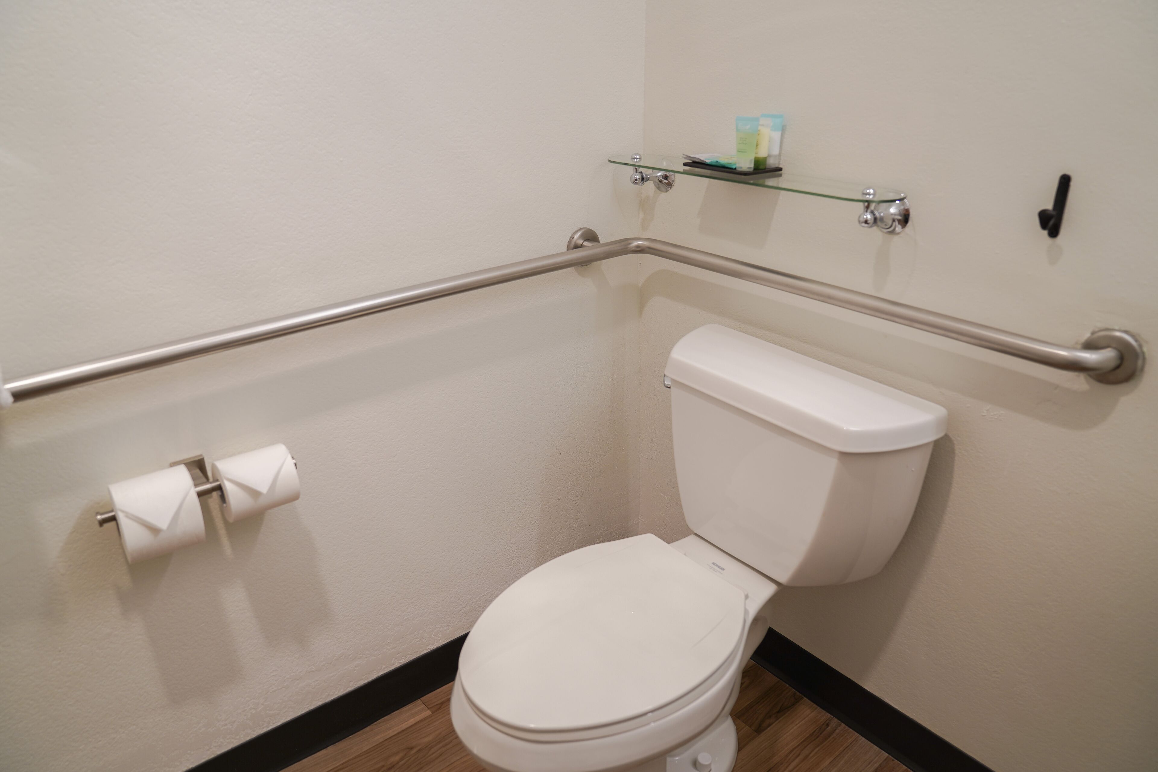A white toilet with a glass shelf above it, a toilet paper holder, and a handrail.