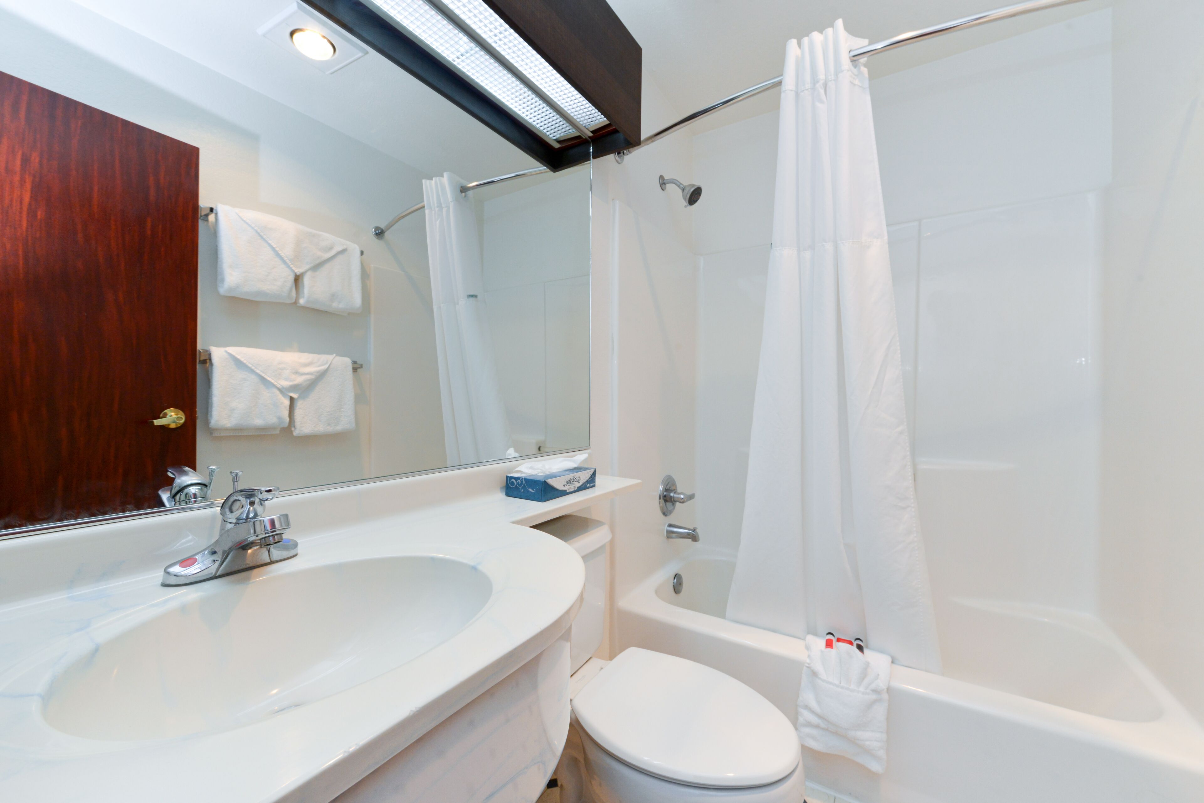 Un bagno con un lavandino bianco grande, un water, una vasca da bagno e una tenda per la doccia.