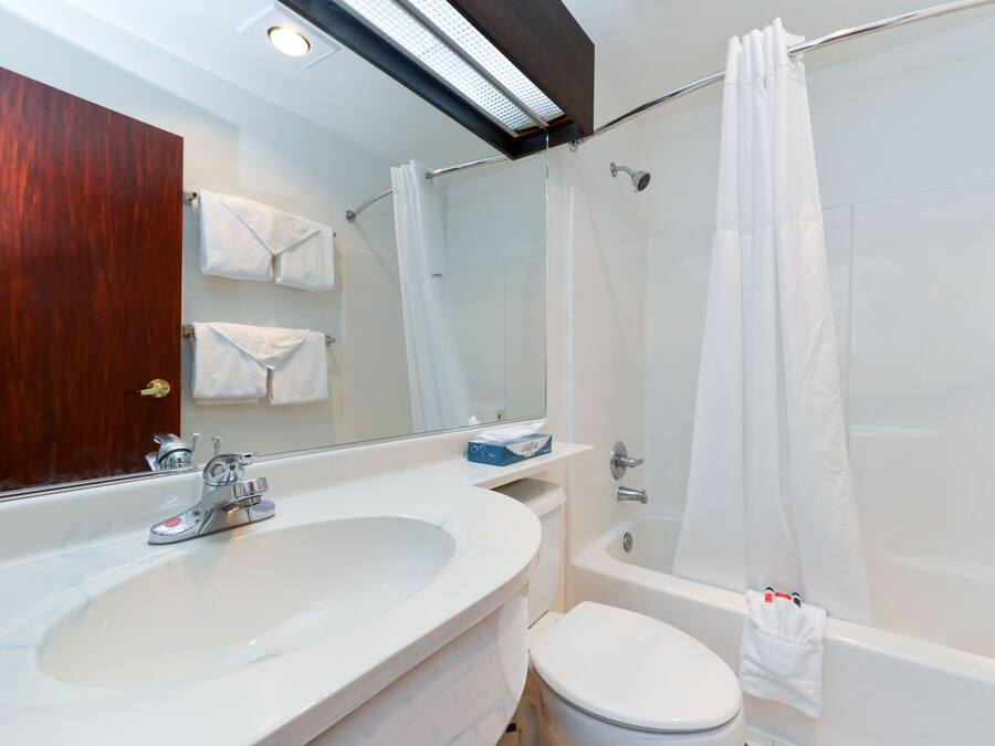 Un bagno con un lavandino bianco grande, un water, una vasca da bagno e una tenda per la doccia.