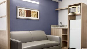 Un espace de vie compact comprenant un canapé, un four à micro-ondes et un réfrigérateur.