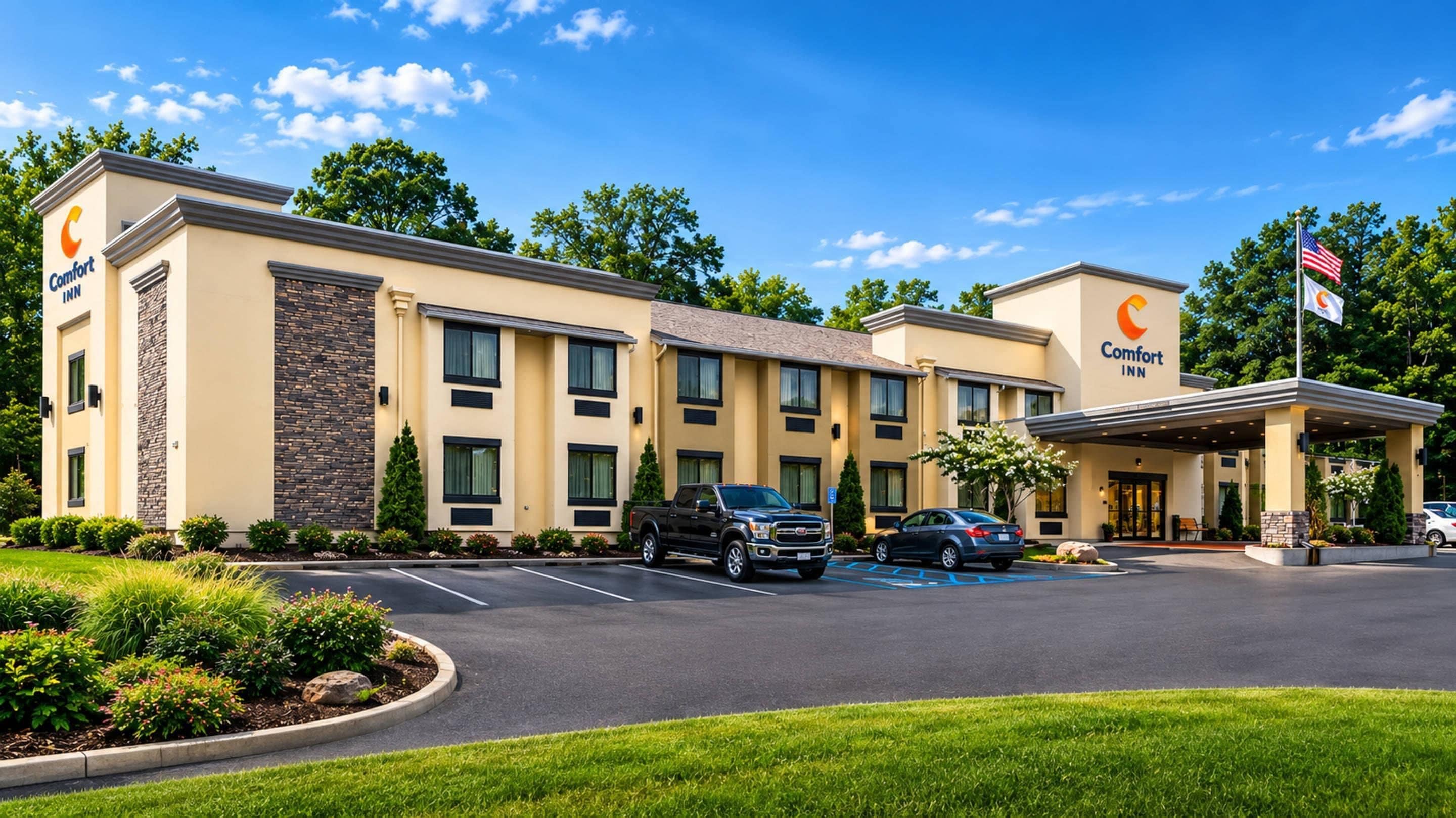 A Comfort Inn hotel with a parking lot, a flag, and a clear blue sky.