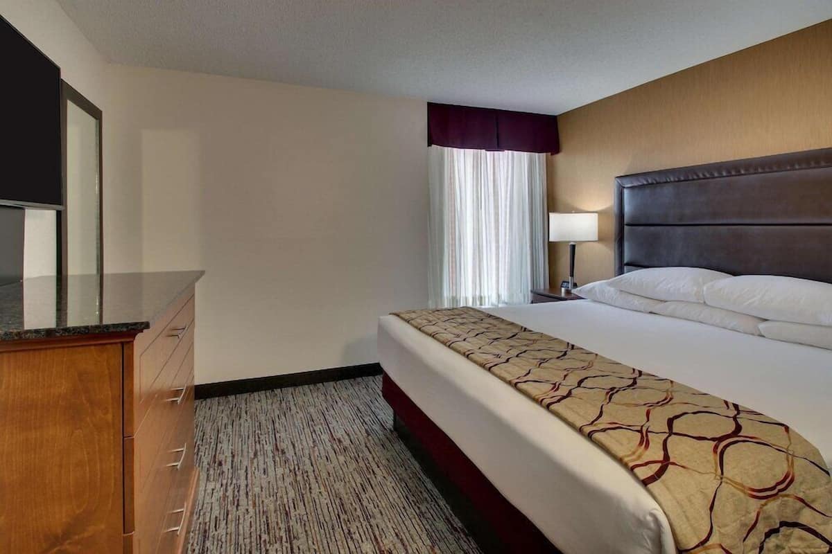 A hotel room with a bed, a nightstand, a lamp, a mirror, and a wooden dresser.