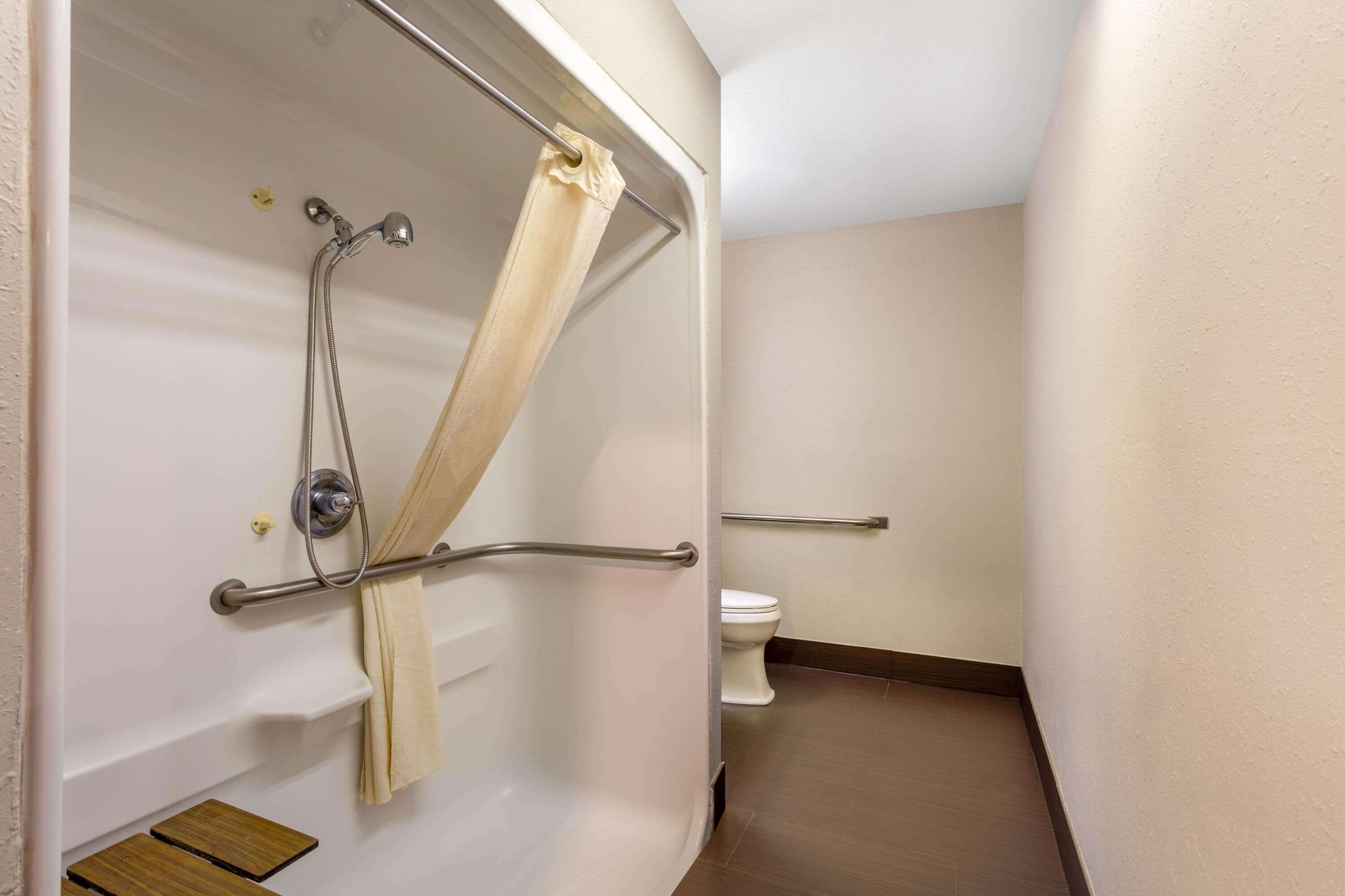 A bathroom with a shower, toilet, and a grab bar.