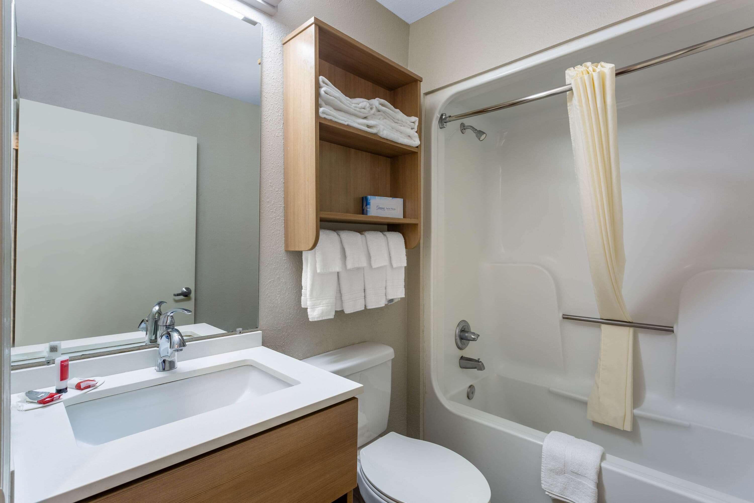 Combined shower/bathtub, free toiletries, hair dryer, towels