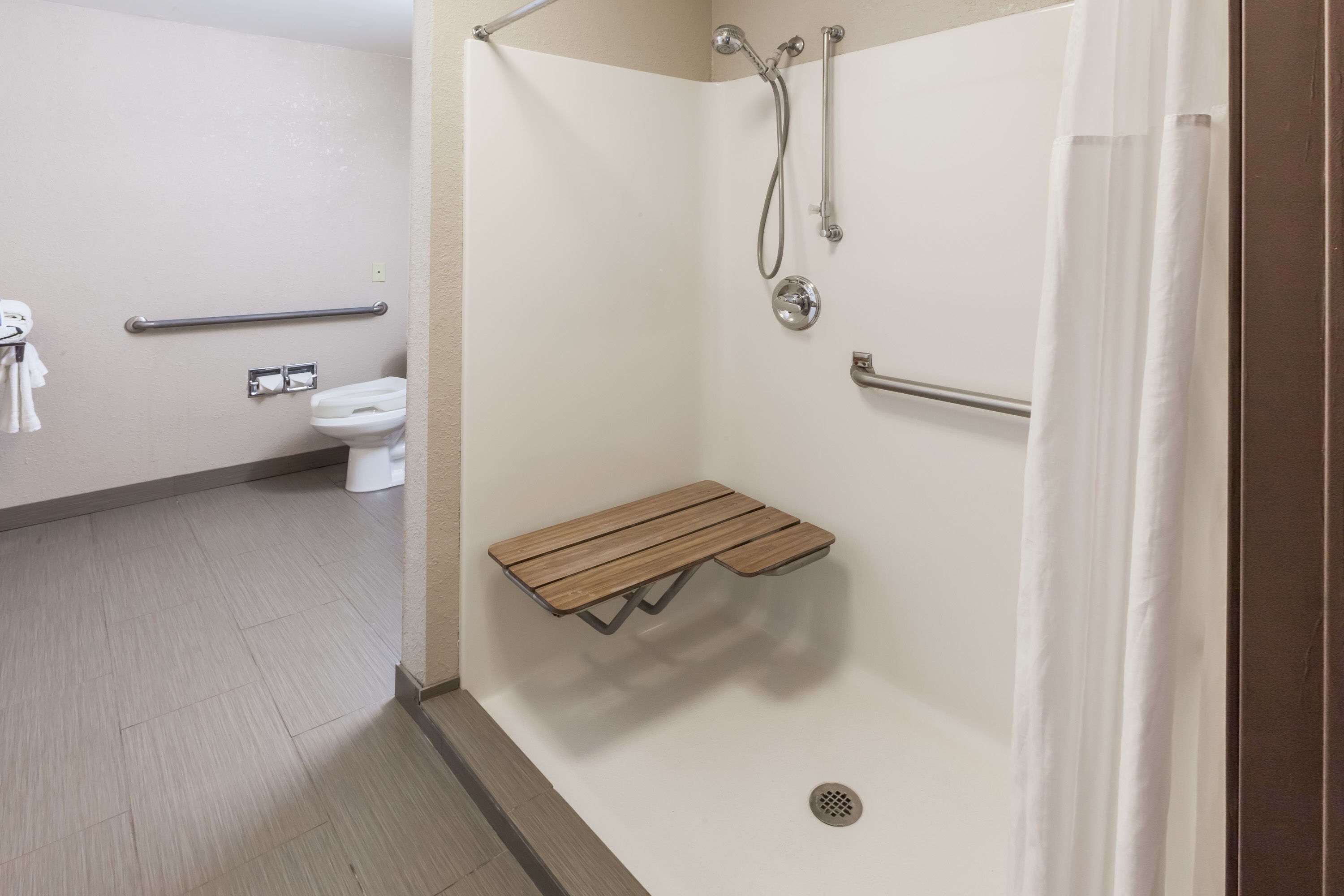 A bathroom with a shower, toilet, and a bench.