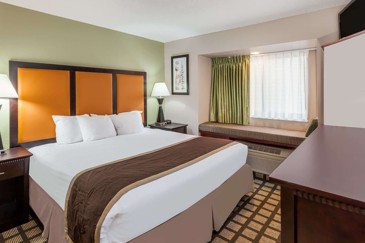 A hotel room with a large bed, a bedside table, a nightstand, a window with curtains, and a view of the outdoors.