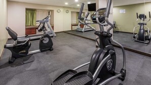 A gym with treadmills, elliptical machines, and a mirrored wall.