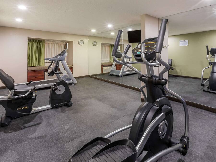 A gym with treadmills, elliptical machines, and a mirrored wall.