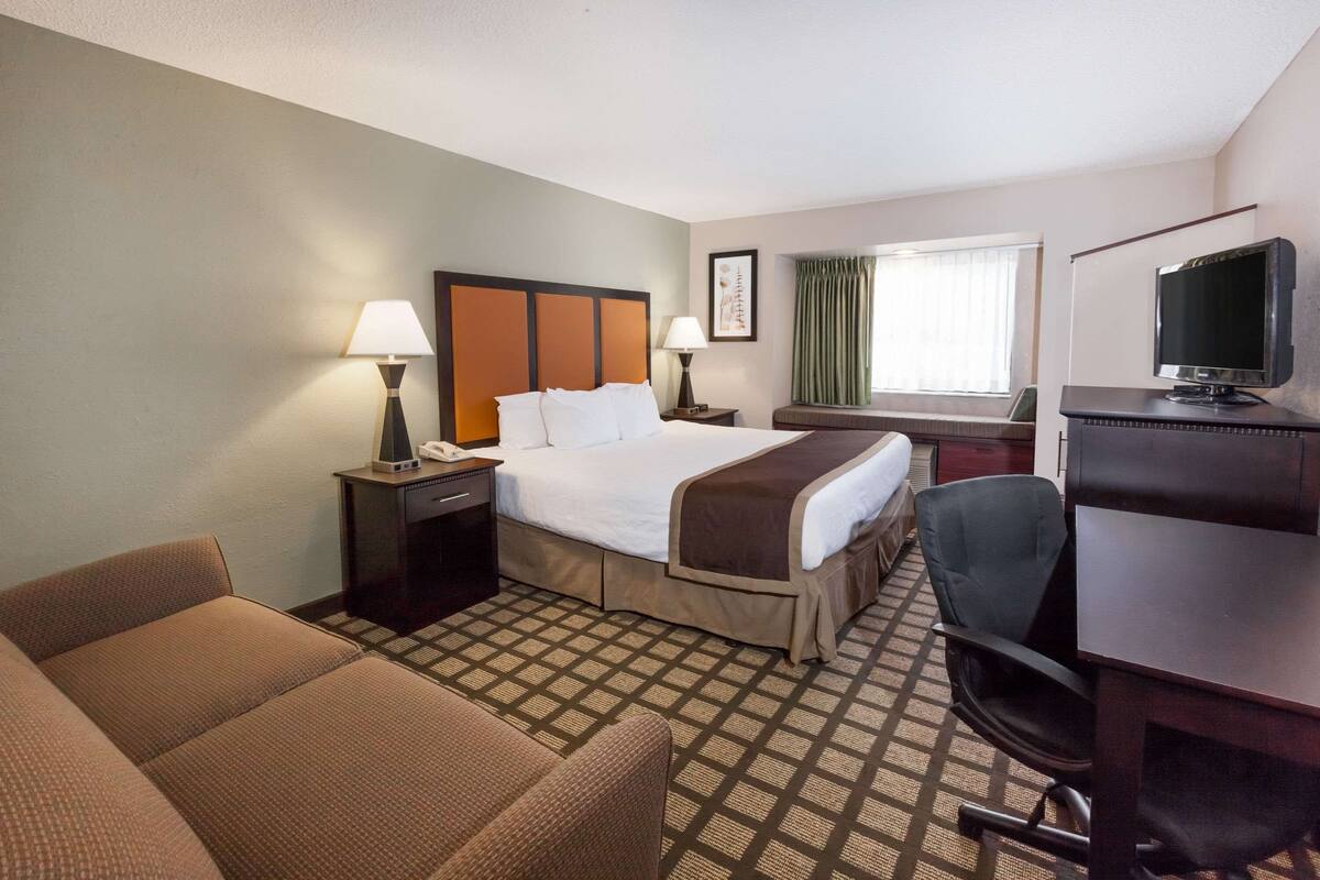 A hotel room with a bed, a desk, a chair, a TV, and a lamp.