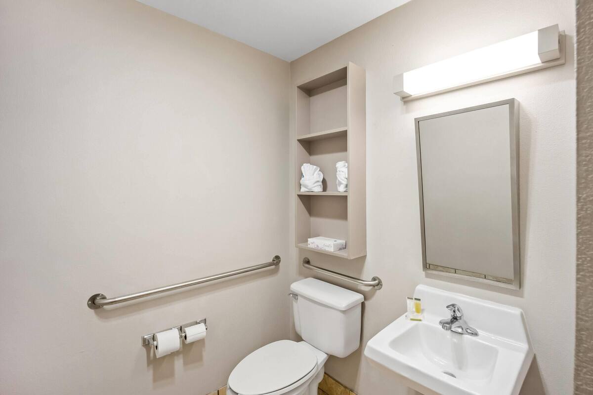 A bathroom with a toilet, handrails, a sink, and a mirror.