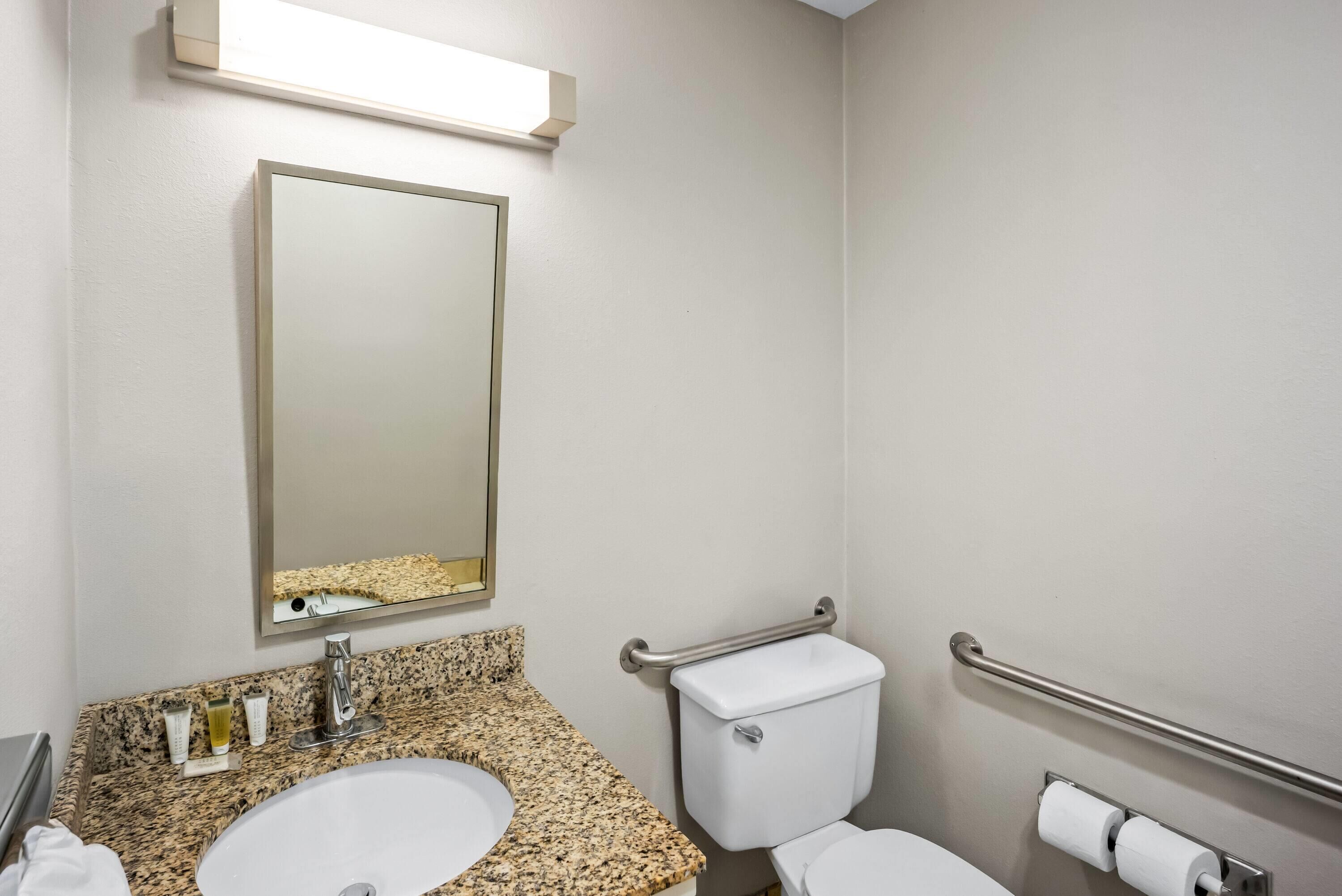 Un bagno con lavabo su piano in granito, uno specchio, un water con maniglia di sostegno e un asciugatore ad aria.