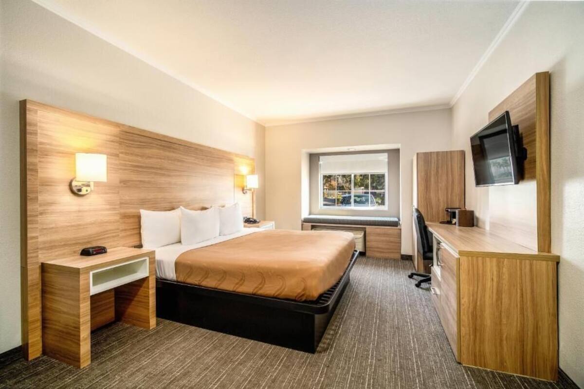 Una habitación de hotel con cama, mesita de noche, escritorio, televisor y ventana.
