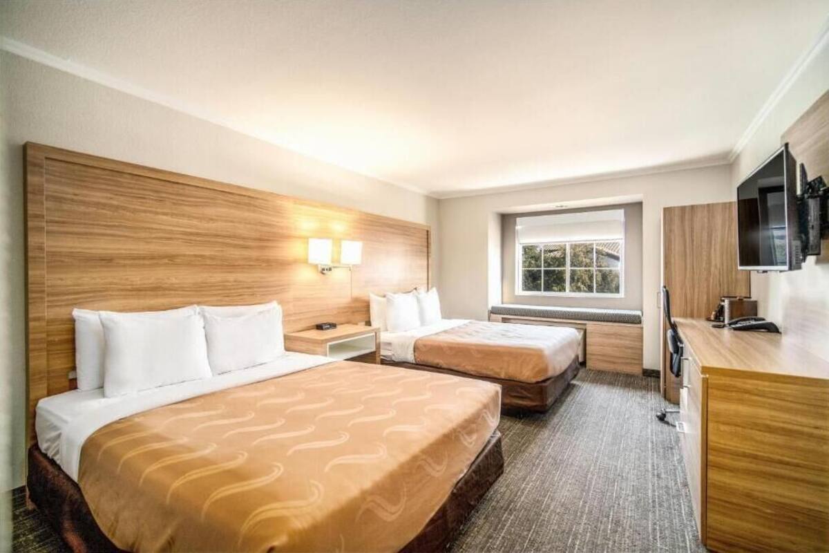 Habitación de hotel con dos camas, un escritorio, un televisor y una ventana.